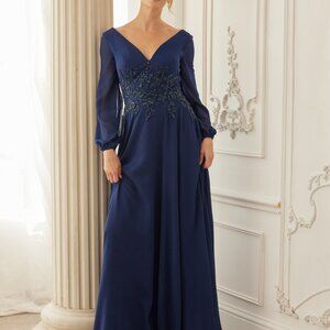 Long sleeve formal dress.Mother of the bride party evening navy blue plus size